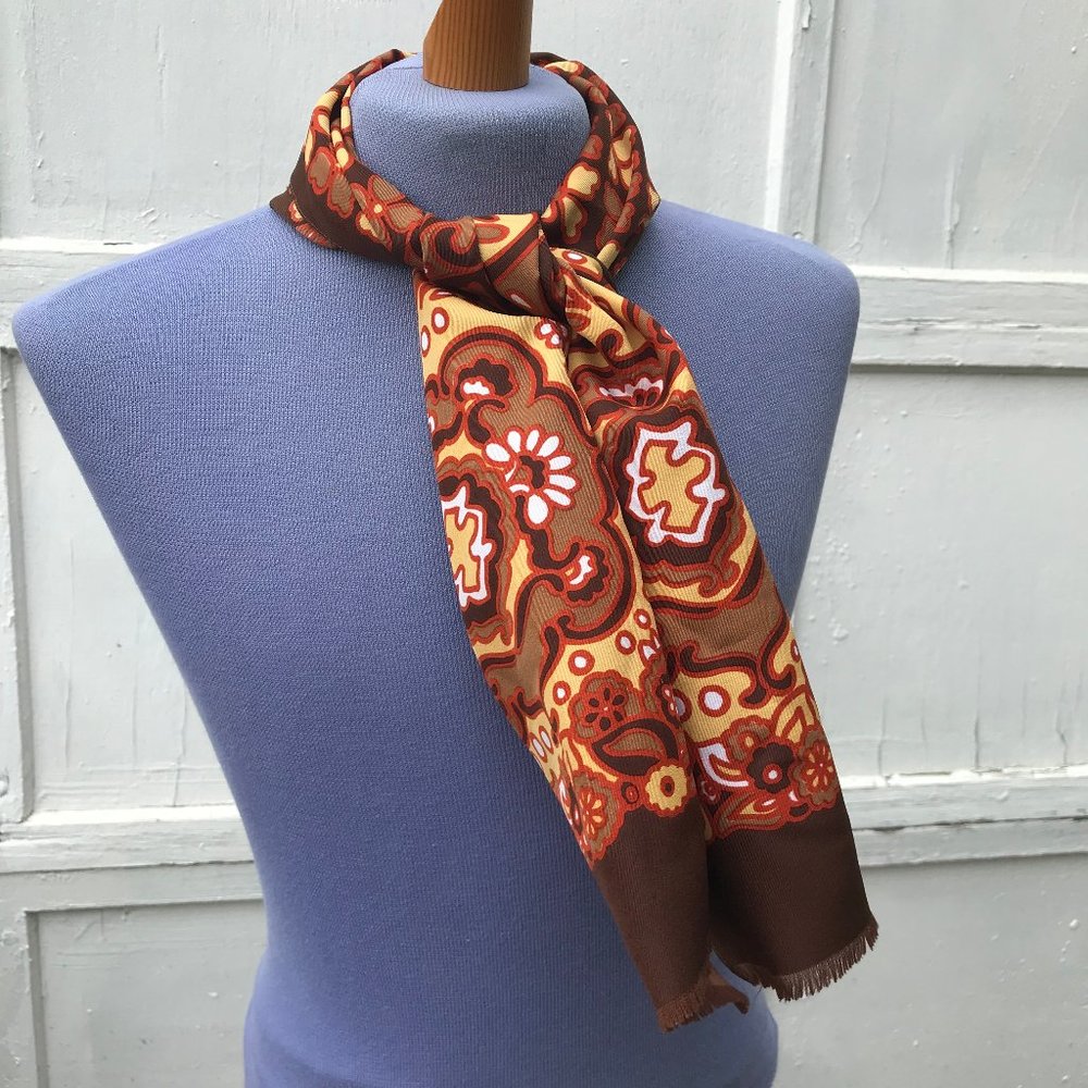 Vintage Brown & Orange Floral Folk Print 13.5x45" Scarf Made in Italy